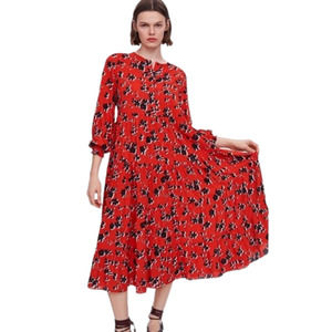 Zara Red Floral Print Tiered Maxi Dress Rayon Long Sleeve
